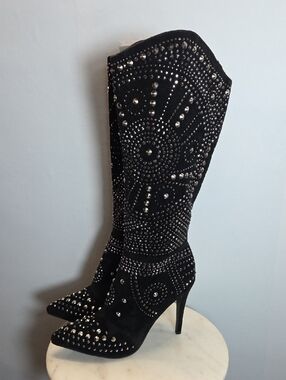 Olivia Miller Black Studded Knee-High Pointed Stiletto Boots Size 8.5